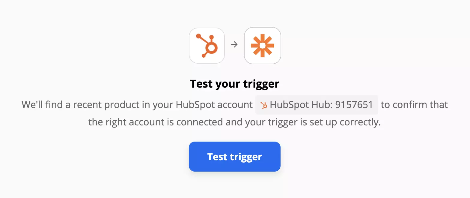 A HubSpot trigger test on Zapier