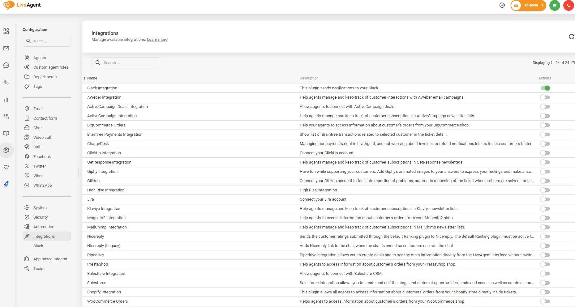 Активируйте интеграции в LiveAgent