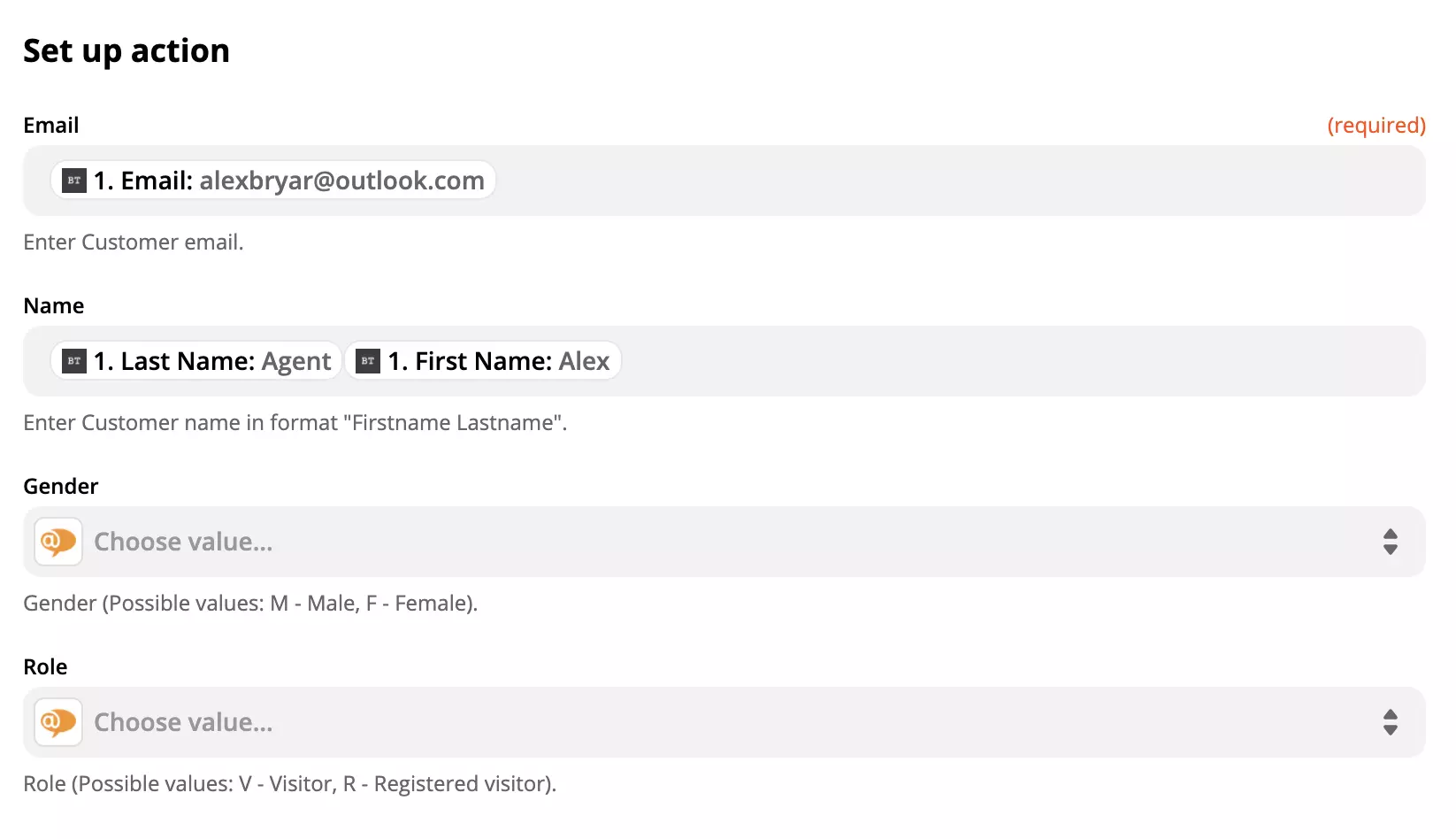 LiveAgent action configuration with data in fields on Zapier