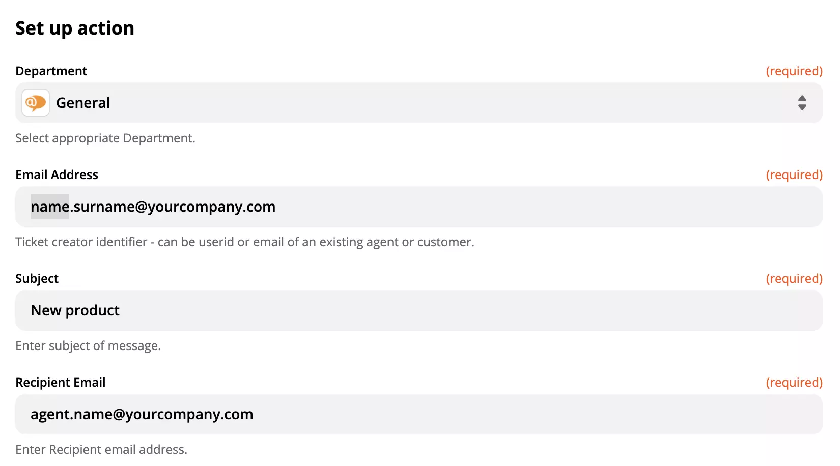 Настройка действия LiveAgent в интеграции Zapier