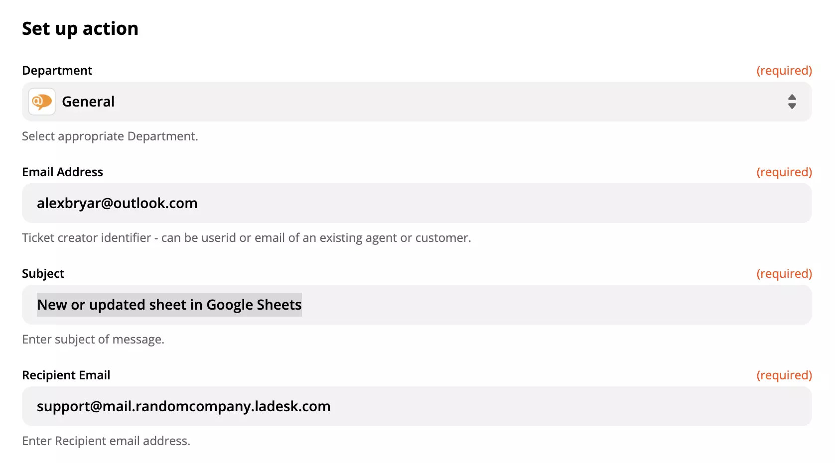 Настройка действия LiveAgent в интеграции Google Sheets