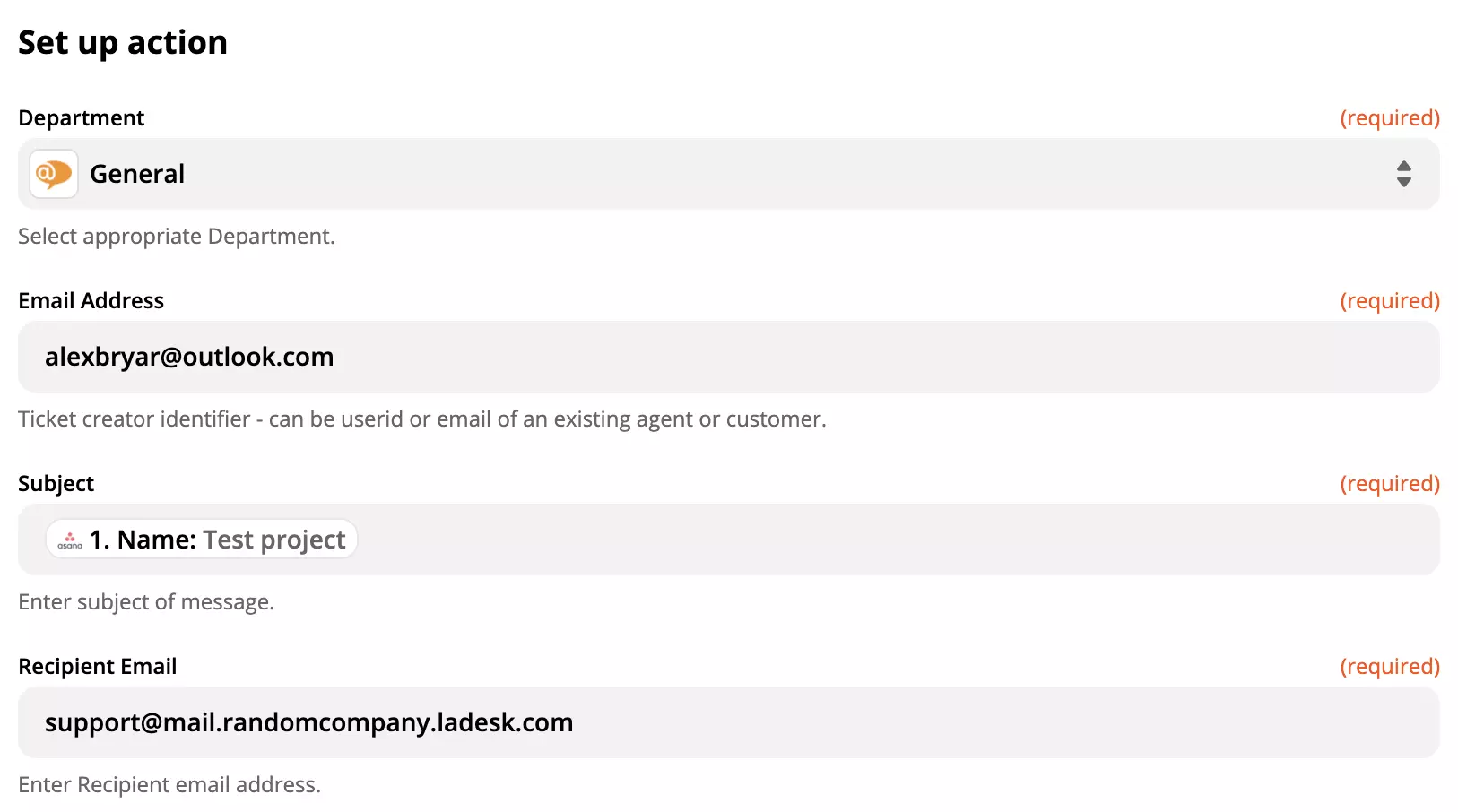 LiveAgent action setup in Asana integration on Zapier