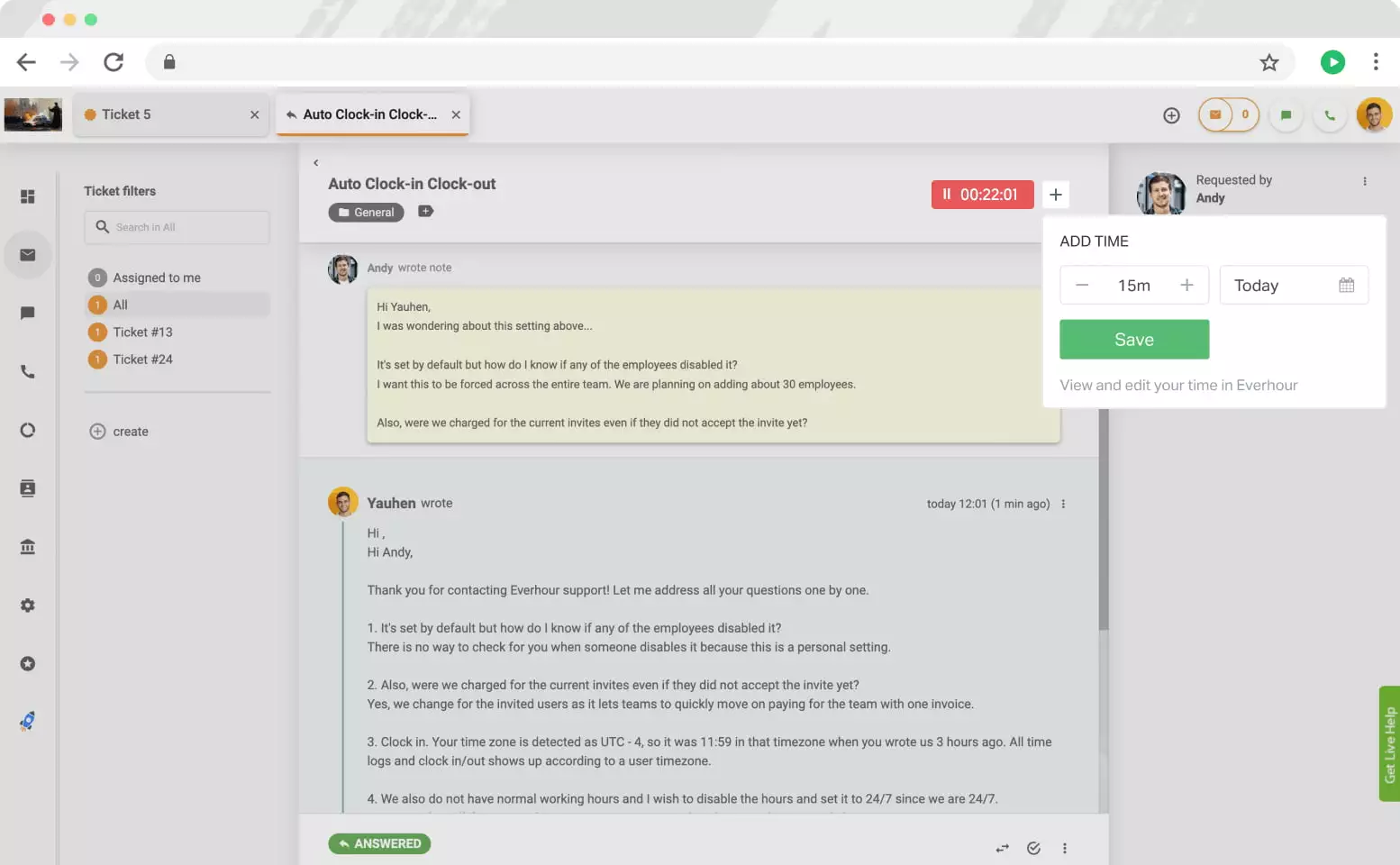 Everhour controls in LiveAgent