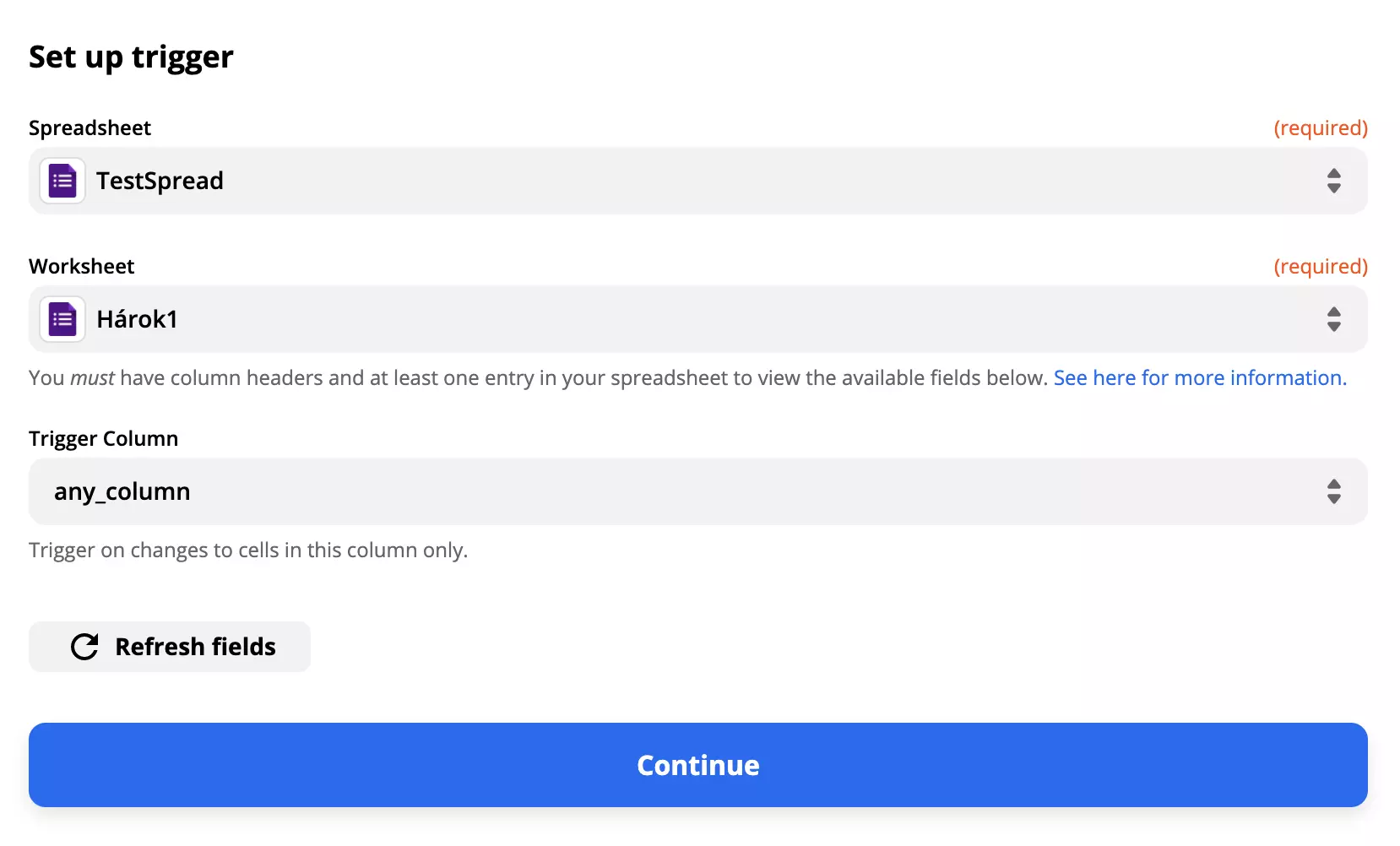 Пример настройки триггера Google Forms с заполненными полями