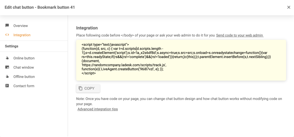 Сгенерированный код интеграции кнопки чата в LiveAgent