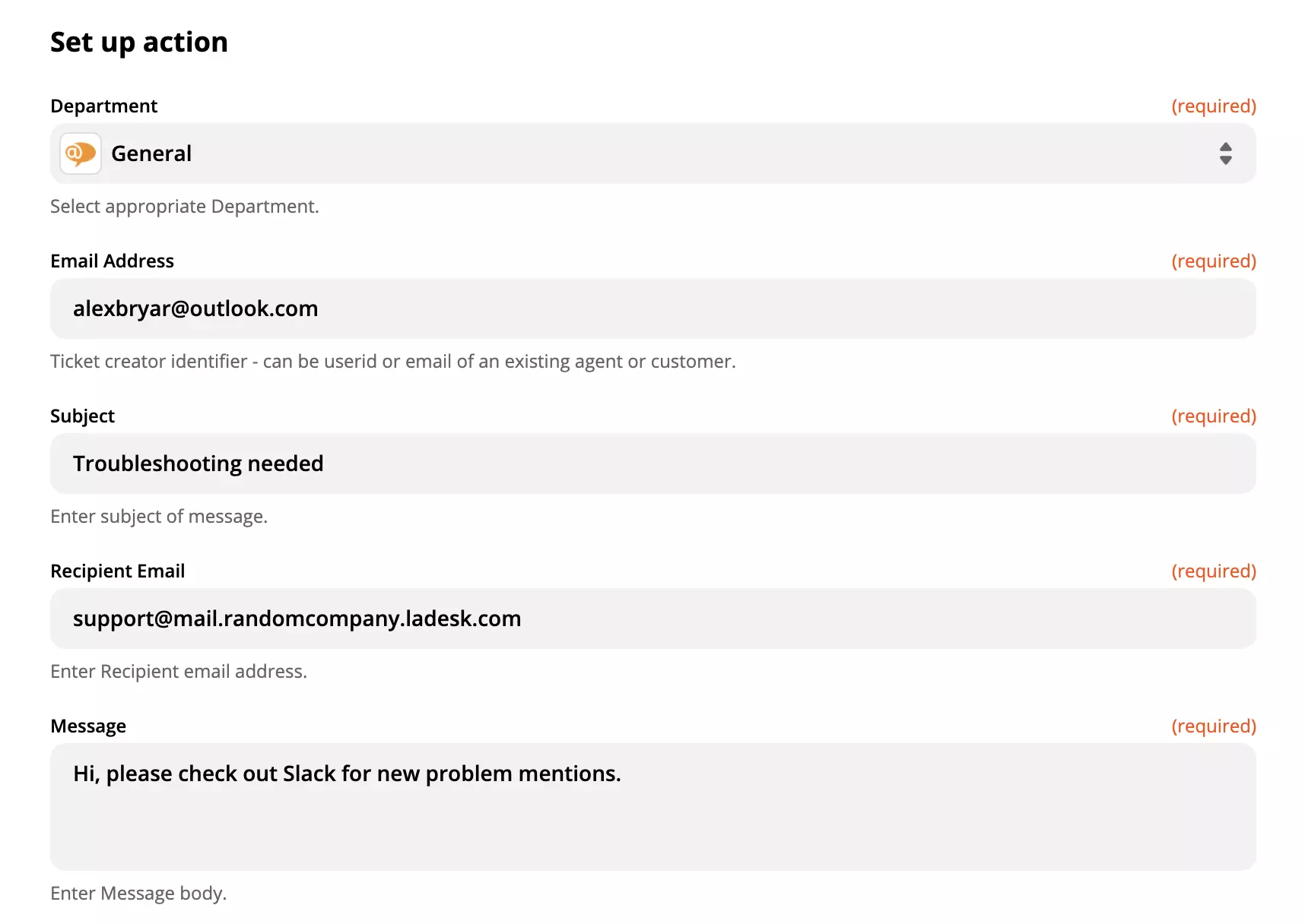 Filled out LiveAgent action configuration