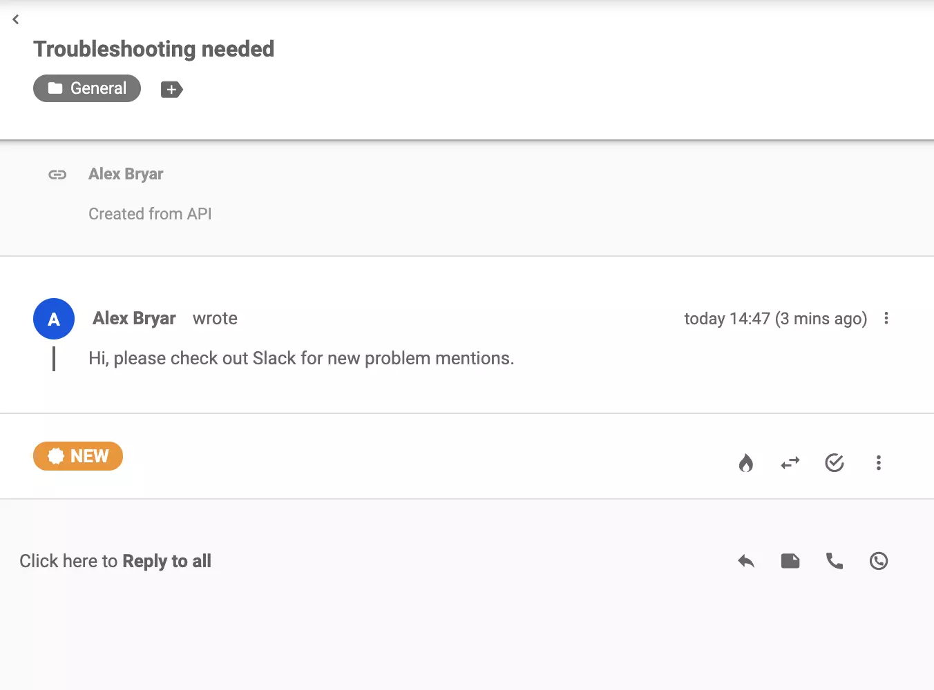 Тикет, отправленный в LiveAgent после появления ключевого слова в Slack