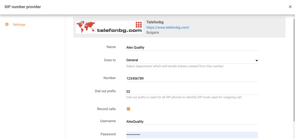 TelefonBG setup when adding a new call center number in LiveAgent
