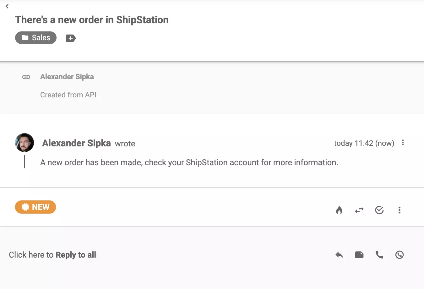 ShipStation message sent after a new order has been made