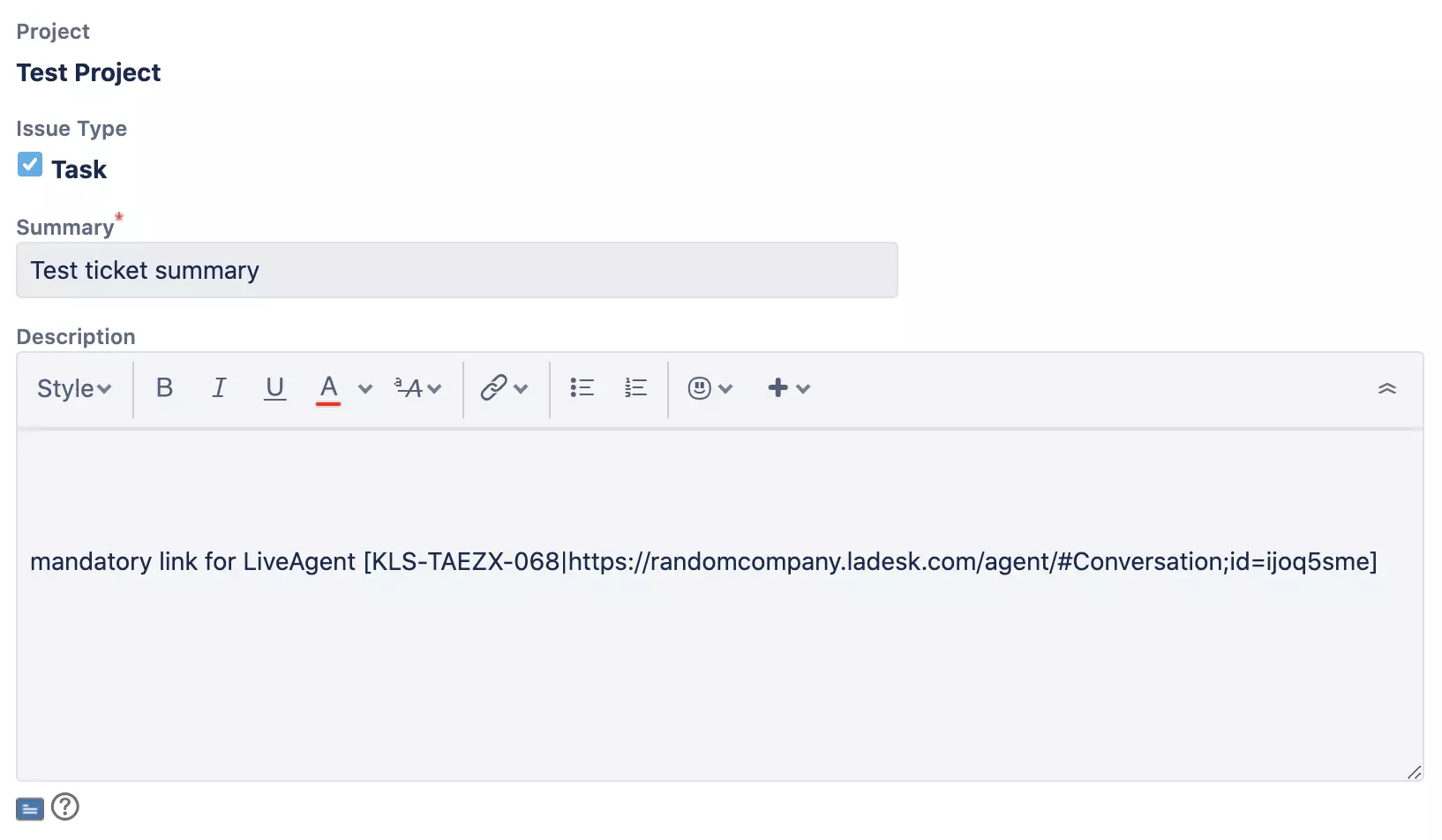 Новое окно Jira с созданием и описанием новой проблемы