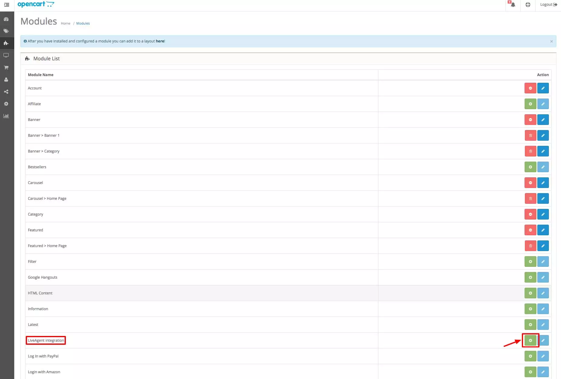 OpenCart LiveAgent integration - Modules section