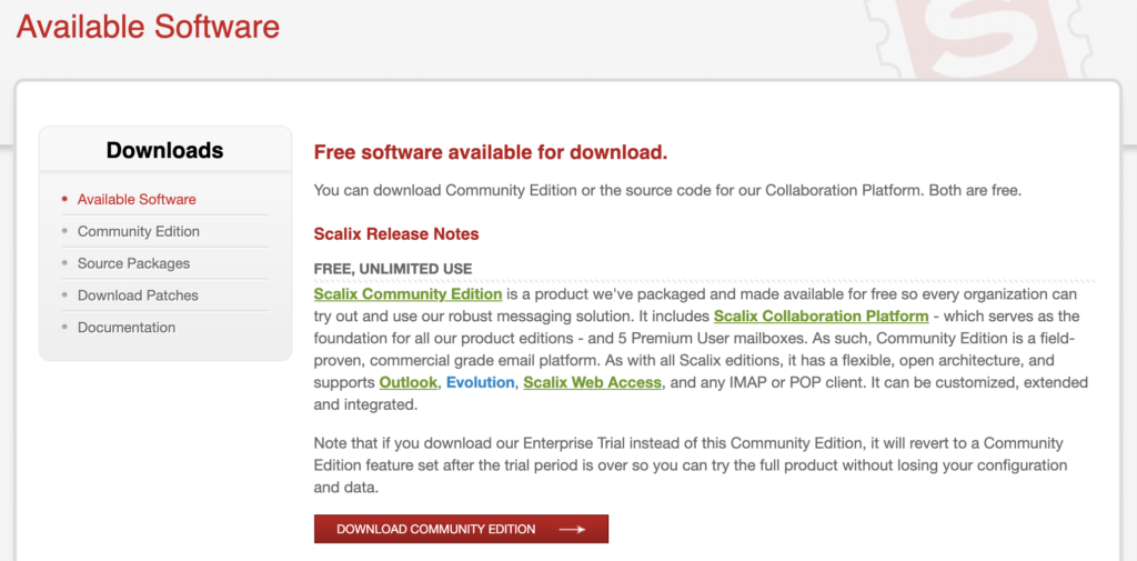 Веб-сайт Scalix с доступными загрузками и информацией об издании