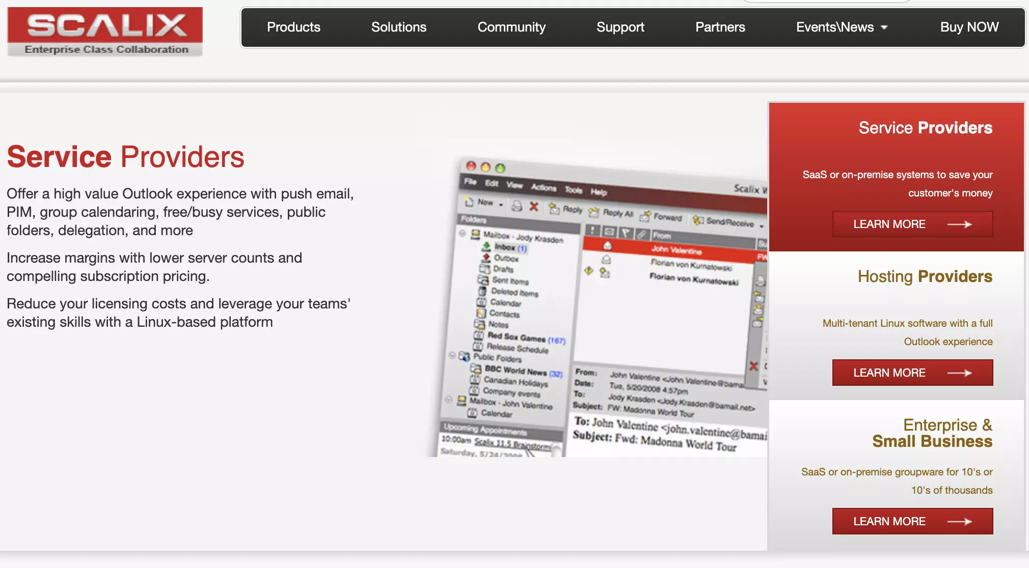 Домашняя страница Scalix со списком функций и информацией