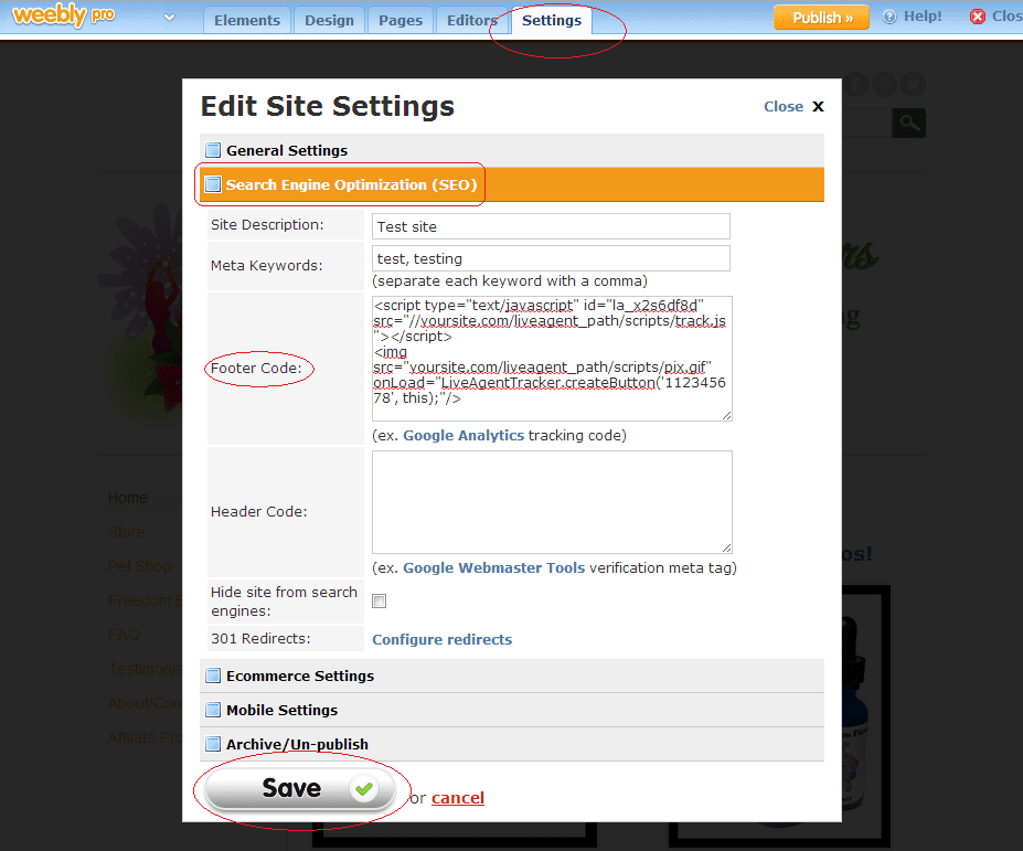 Weebly SEO settings with footer code placement