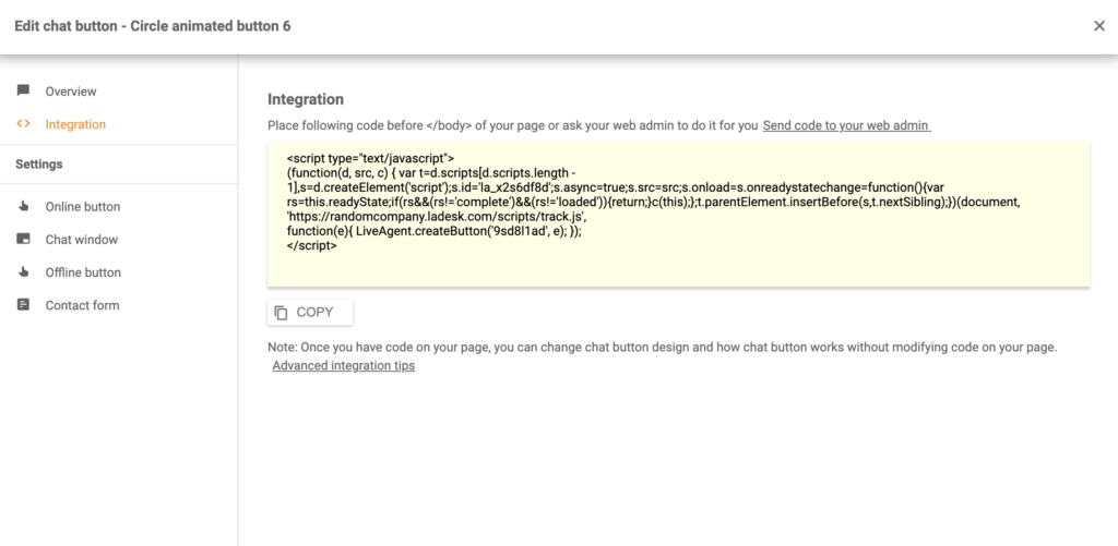 Код интеграции кнопки чата Silverstripe в LiveAgent