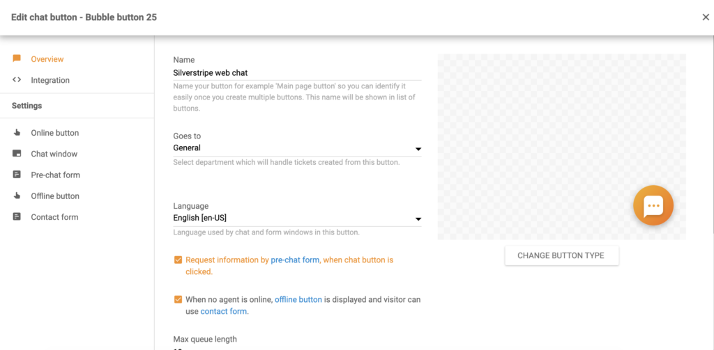 Настройка кнопки чата Silverstripe в LiveAgent