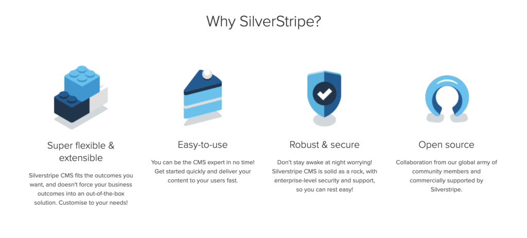 Главная страница Silverstripe с перечисленными возможностями