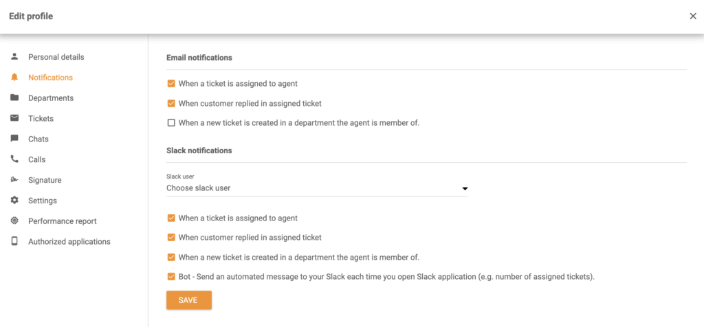 Варианты уведомлений Slack в разделе Редактирование профиля