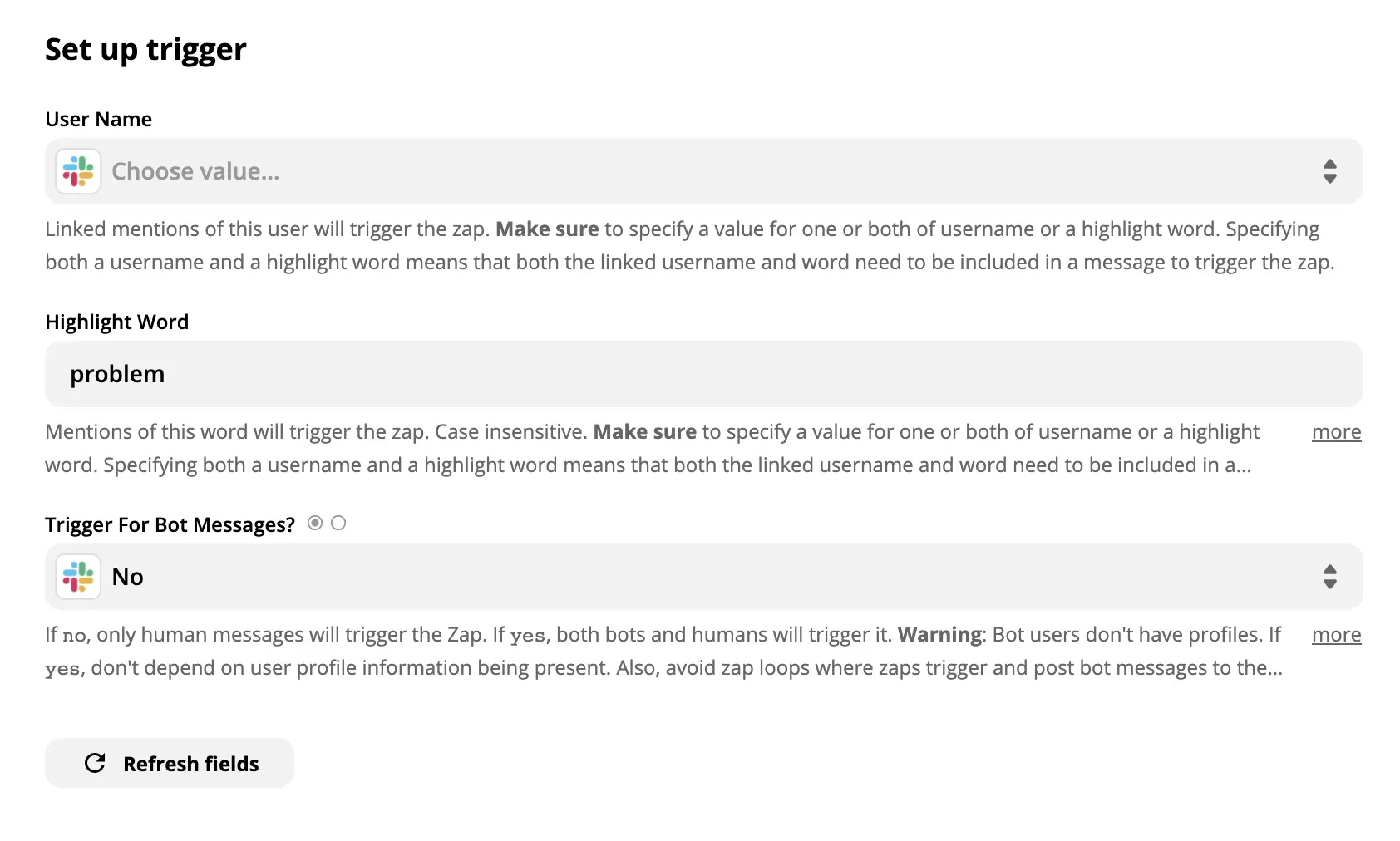 Пример настройки триггера Slack на Zapier