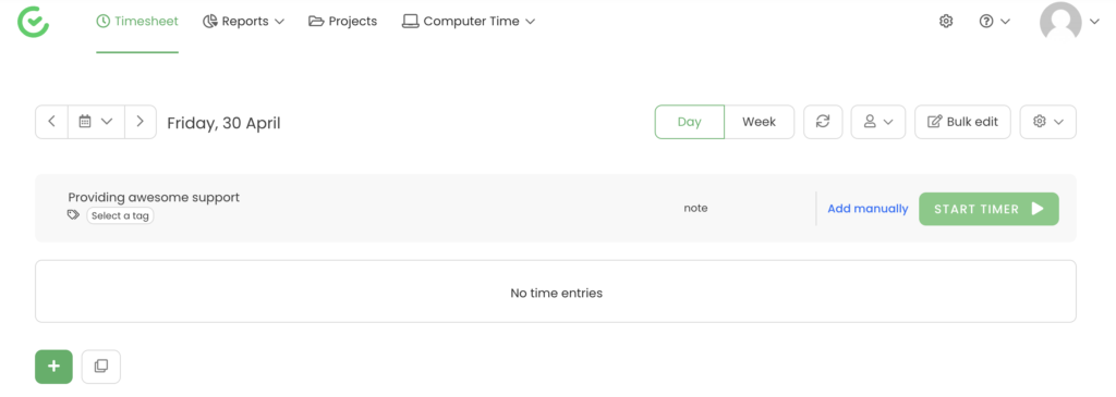 TimeCamp project selection with start timer