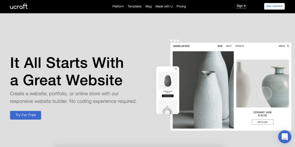 Домашняя страница Ucraft с кнопкой Get Started в верхнем правом углу