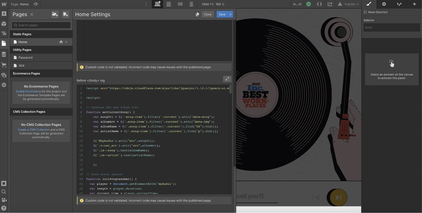 Webflow custom code option in LiveAgent integration process