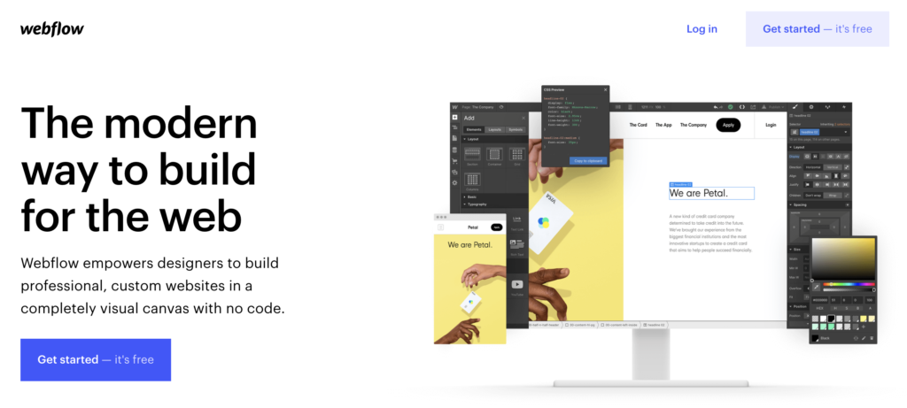 Webflow homepage with trial option at the top right