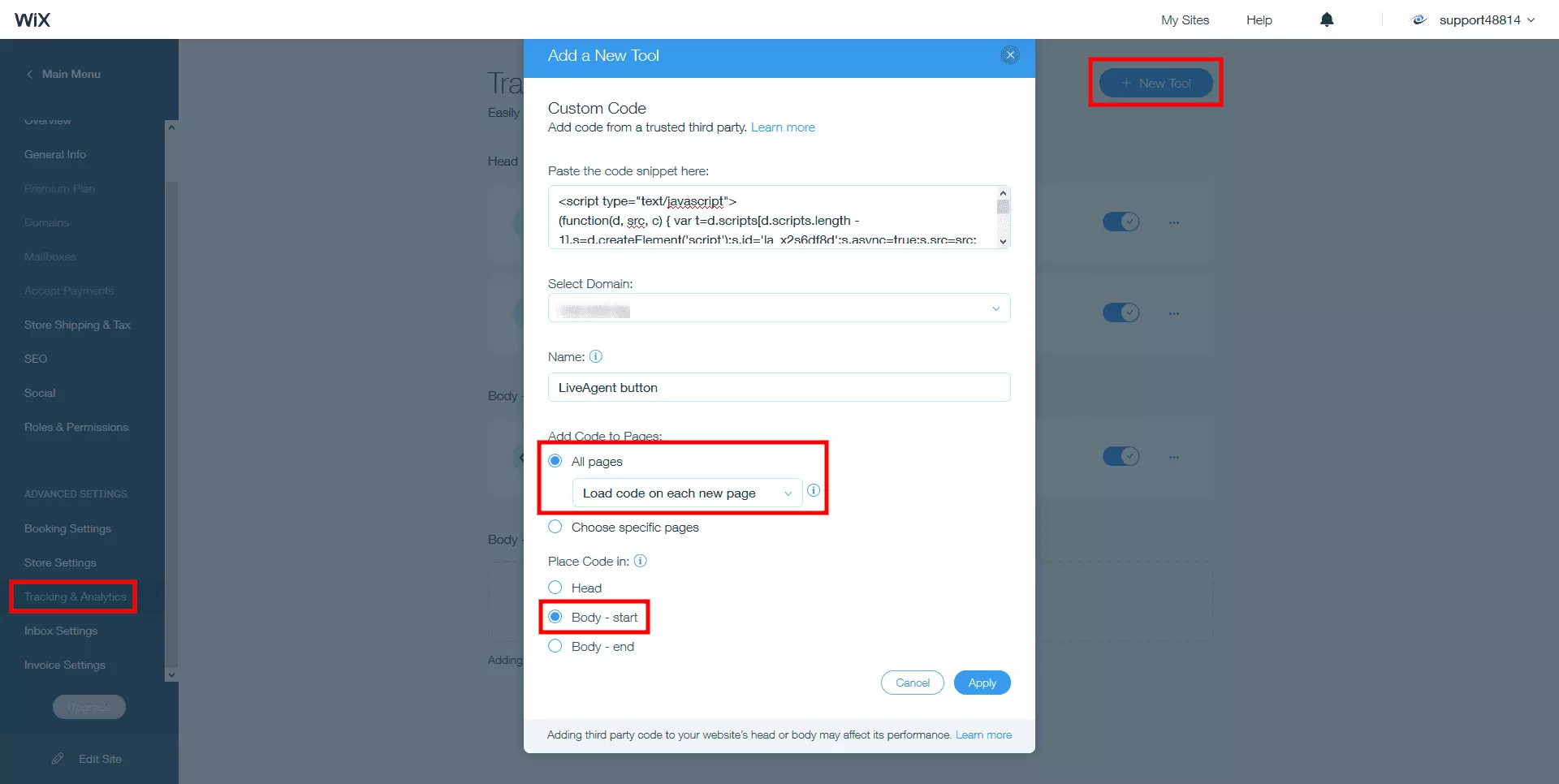 Place the LiveAgent live chat code in the Wix site body