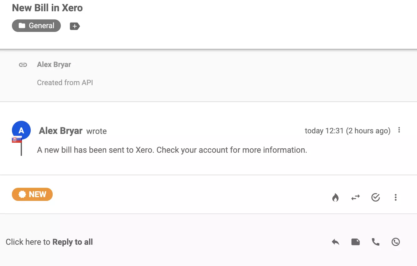 Новый разговор, отправленный в систему обработки билетов LiveAgent после успешной интеграции с Xero