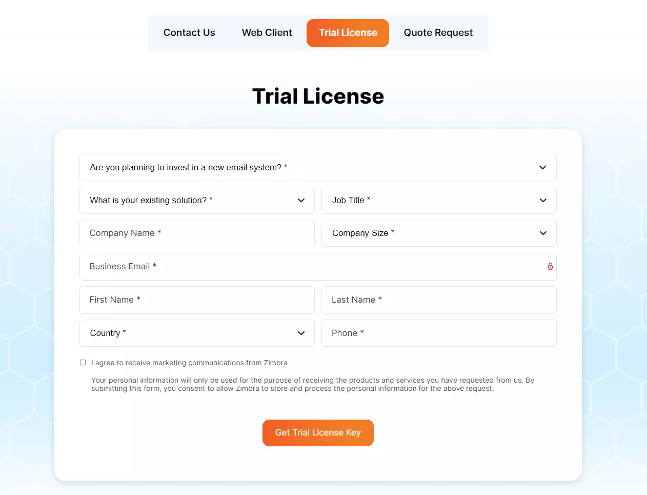 Zimbra trial form
