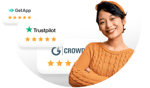 Smiling woman with rewards beside her.