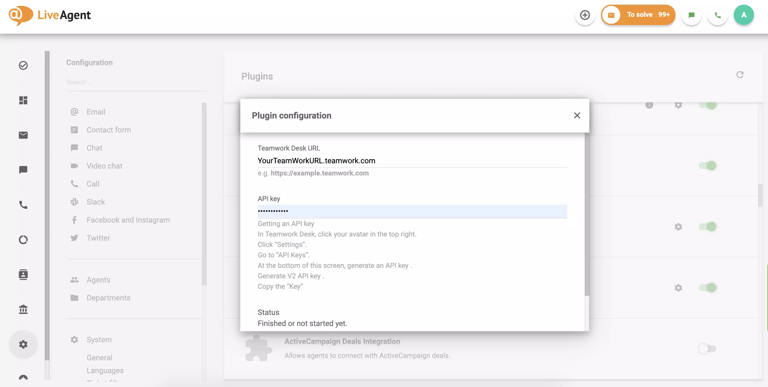 Fill out your Teamwork Desk URL and API, then click Save.