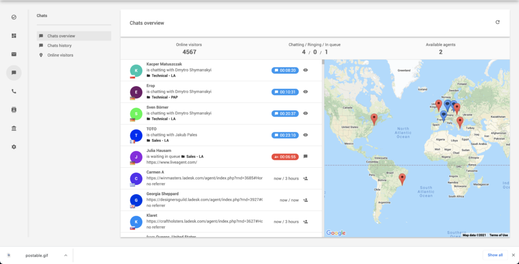 Функция мониторинга посетителей веб-сайта LiveAgent