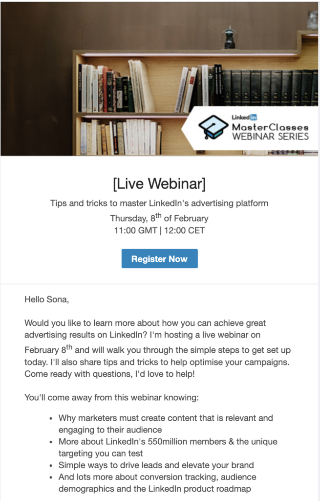 LinkedIn webinar sneak peek email template