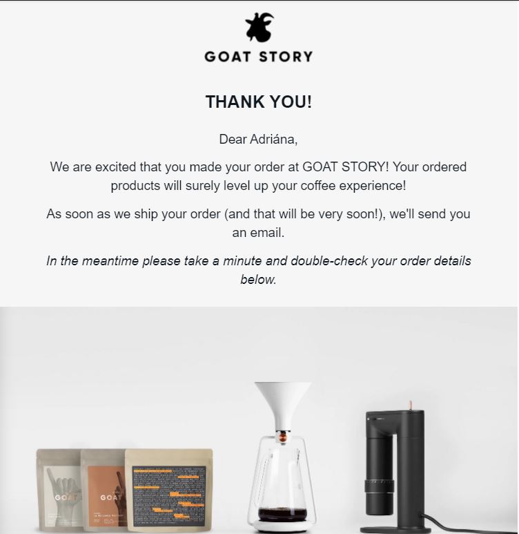 Thank you email from Goat Story