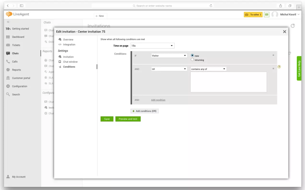 LiveAgent settings showcasing how to set proactive chat triggers