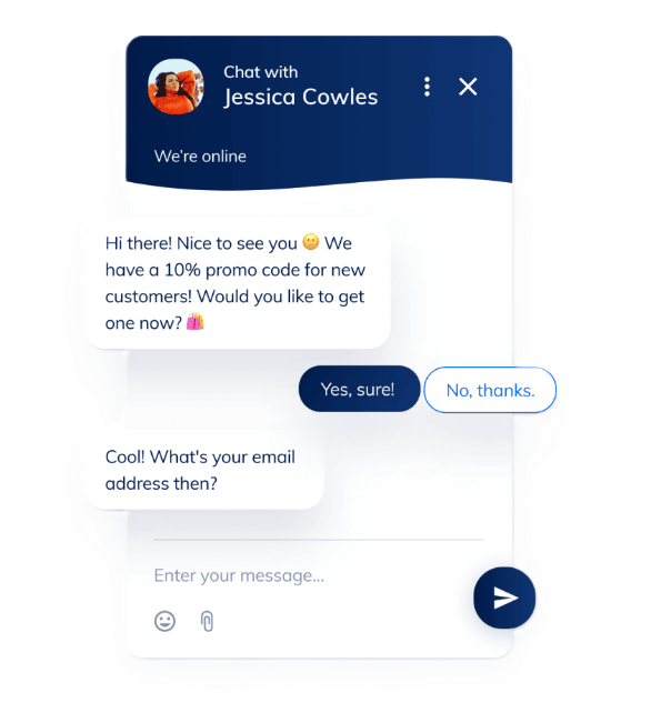 Live chat interface offering a promo code and requesting user's email