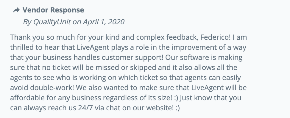 Customer feedback response example