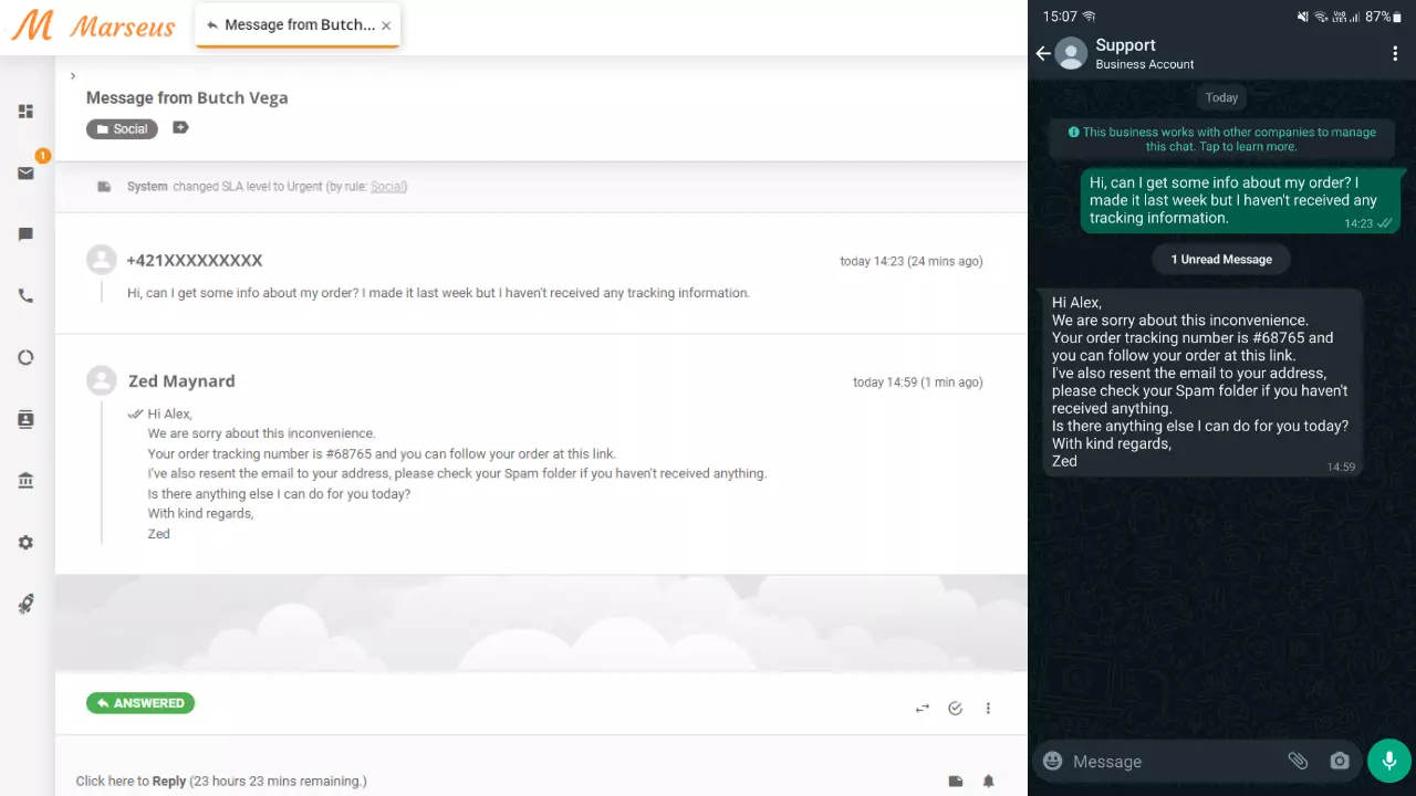 Сообщение WhatsApp, отображаемое как билет в LiveAgent