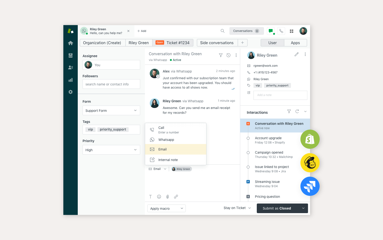 Интерфейс колл-центра Zendesk
